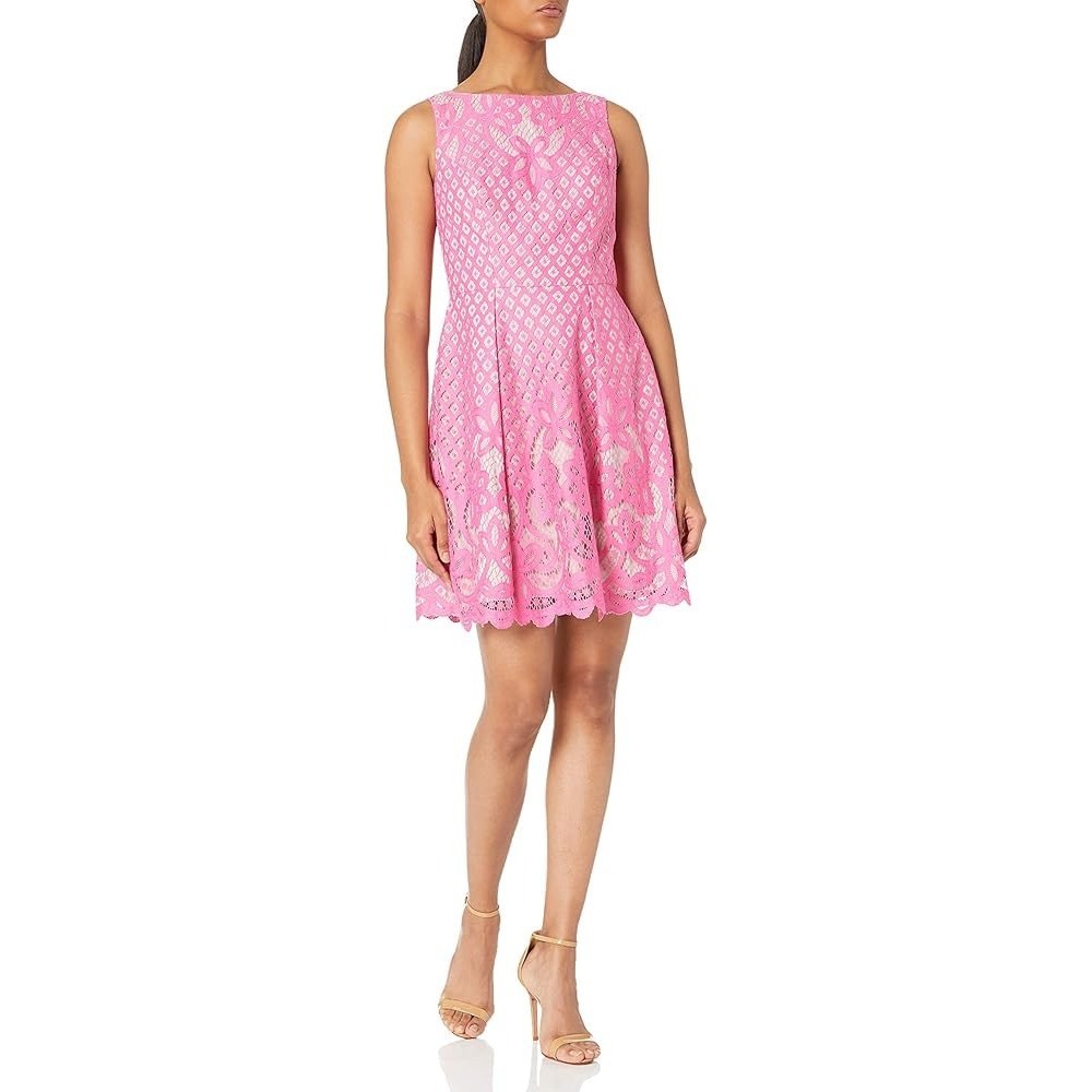 Adrianna Papell Giselle Pink Floral Lace Fit and Flare Dress Sz 12 Wedding Party